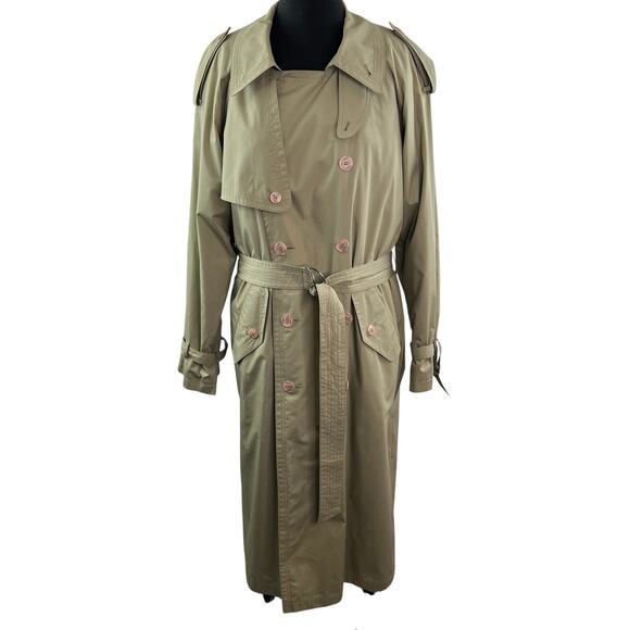 VINTAGE Yves Saint Laurent Mens Khaki Trench Coat Double Breasted Belted 36/46 - Picture 1 of 16